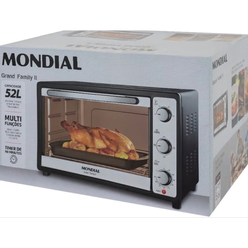Forno Elétrico de Bancada Mondial com Timer 52L Preto e Prata Grand Family 110V