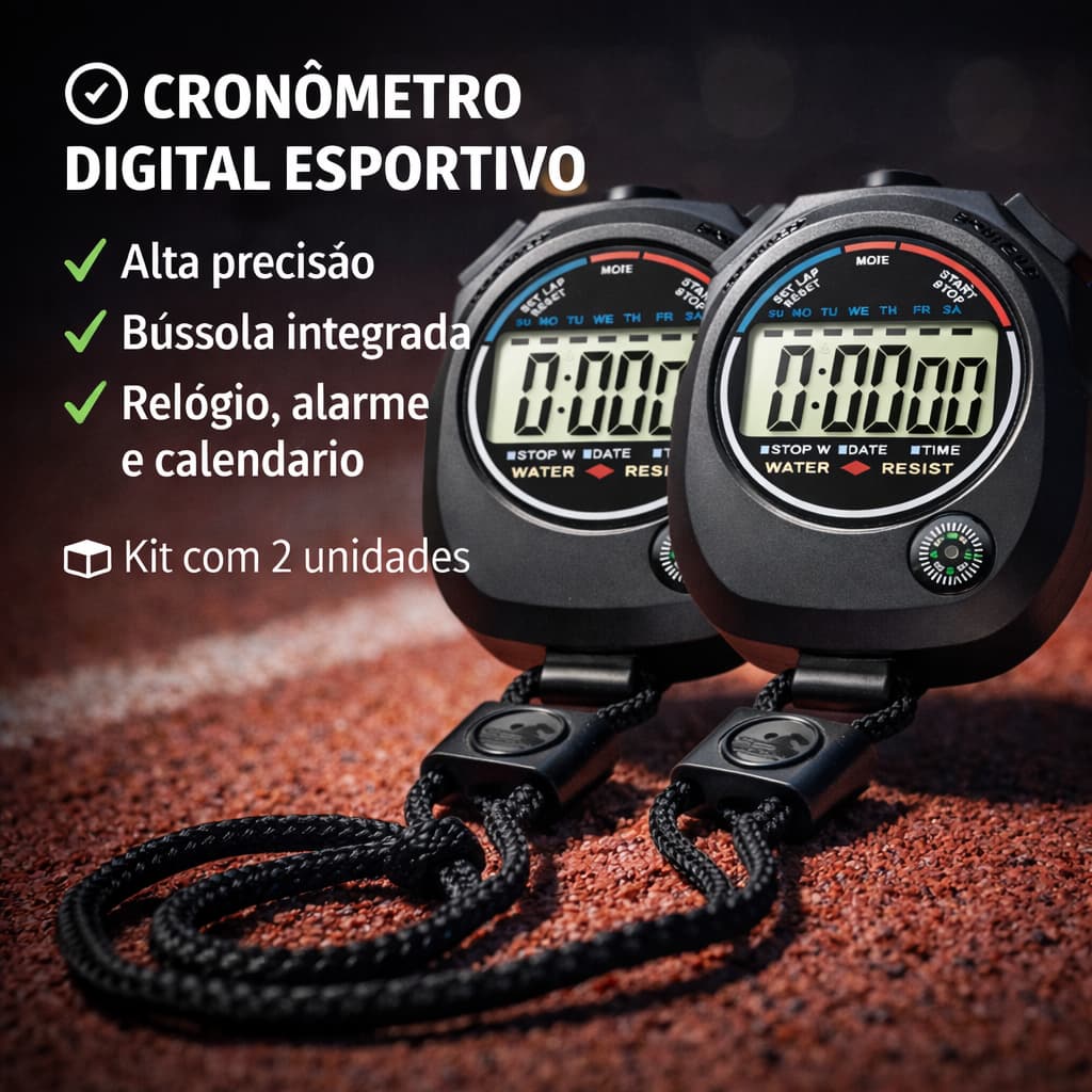 Kit 2 Cronômetro Digital Esportivo Treinos Corridas Bússola Função Relógio alarme Cor preto