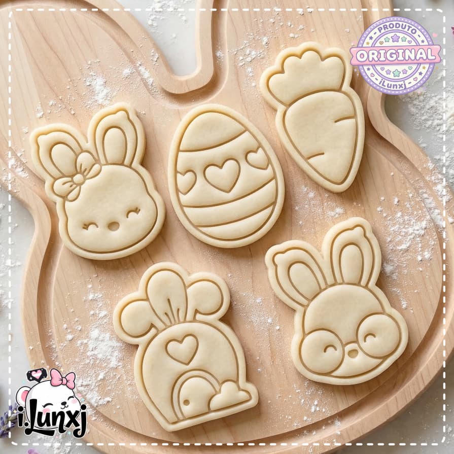 Kit 5 Cortadores e Marcadores Páscoa Biscoito 6cm Coelho Cenoura Ovo
