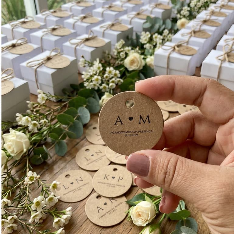 Tag Personalizada para Lembrancinhas Casamento SOMENTE COM INICIAIS + agradecimentos e data do evento COMO ESTÁ NA FOTO.