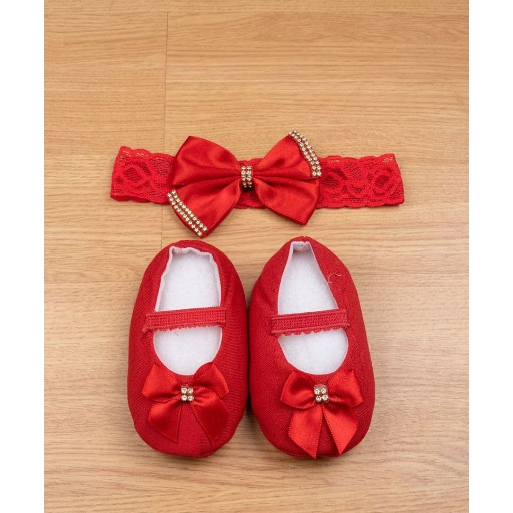 Kit Sapatinho + Faixa/Tiara Luxo para Bebê – 0 a 6 Meses menina Vermelho