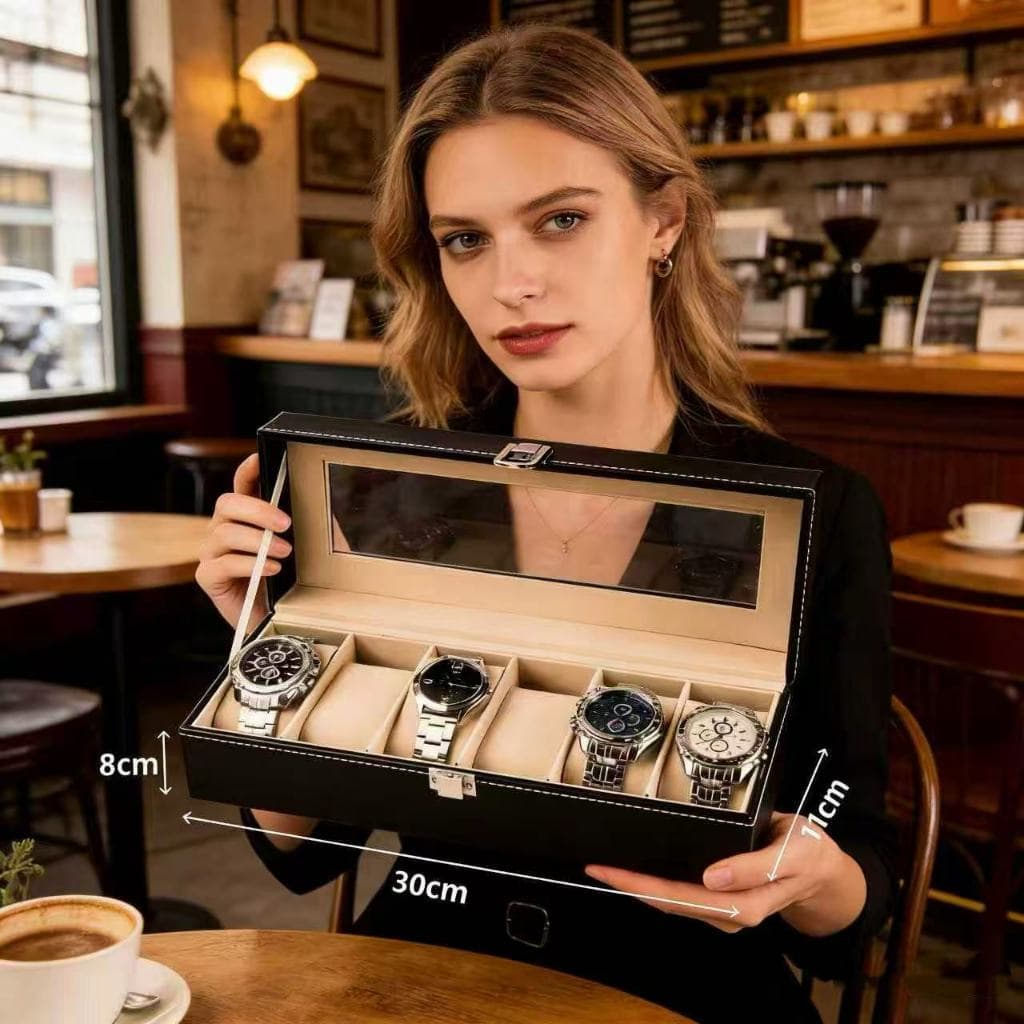 Caixa de relógio de luxo com 6 compartimentos e divisórias, em veludo e couro Presente para homens