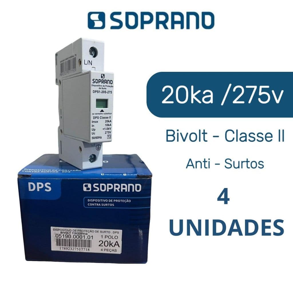 Kit 4 DPS Protetor Surto 20ka Anti Raio 1p 275v Bivolt Soprano