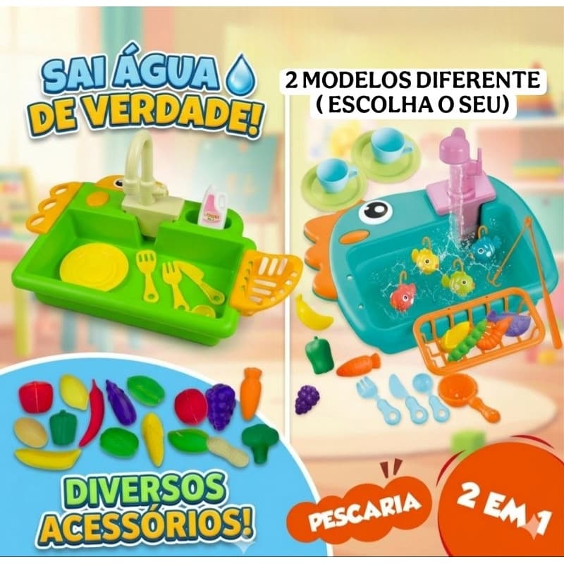 Brinquedo Infantil Pia com Torneira Sai Água + Acessórios | Cozinha Educativa Sensorial Montessori