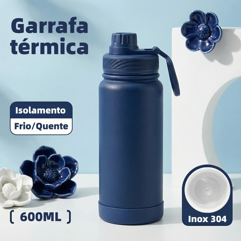 Garrafa térmica de água 600ml Inox com Alça Quente e Frio Colorida premium Copo térmico Academia e Trabalho-HYBWB-115