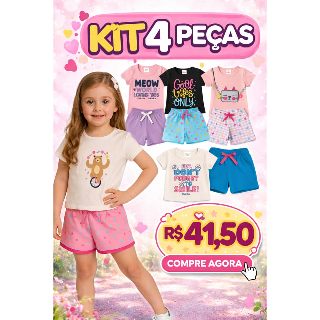 Kit 4 Peças Conjunto Infantil Menina Sortidos Verão Look Estilosa Algodão Feminino Roupinha
