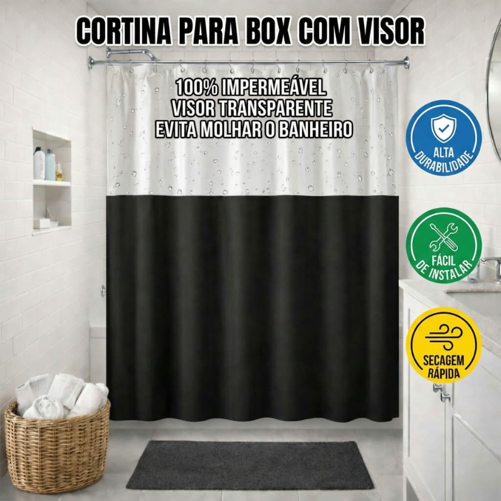 Cortina Para Banheiro Box com Visor Lisa Com Ganchos 1,35m Largura X 2,00m Altura