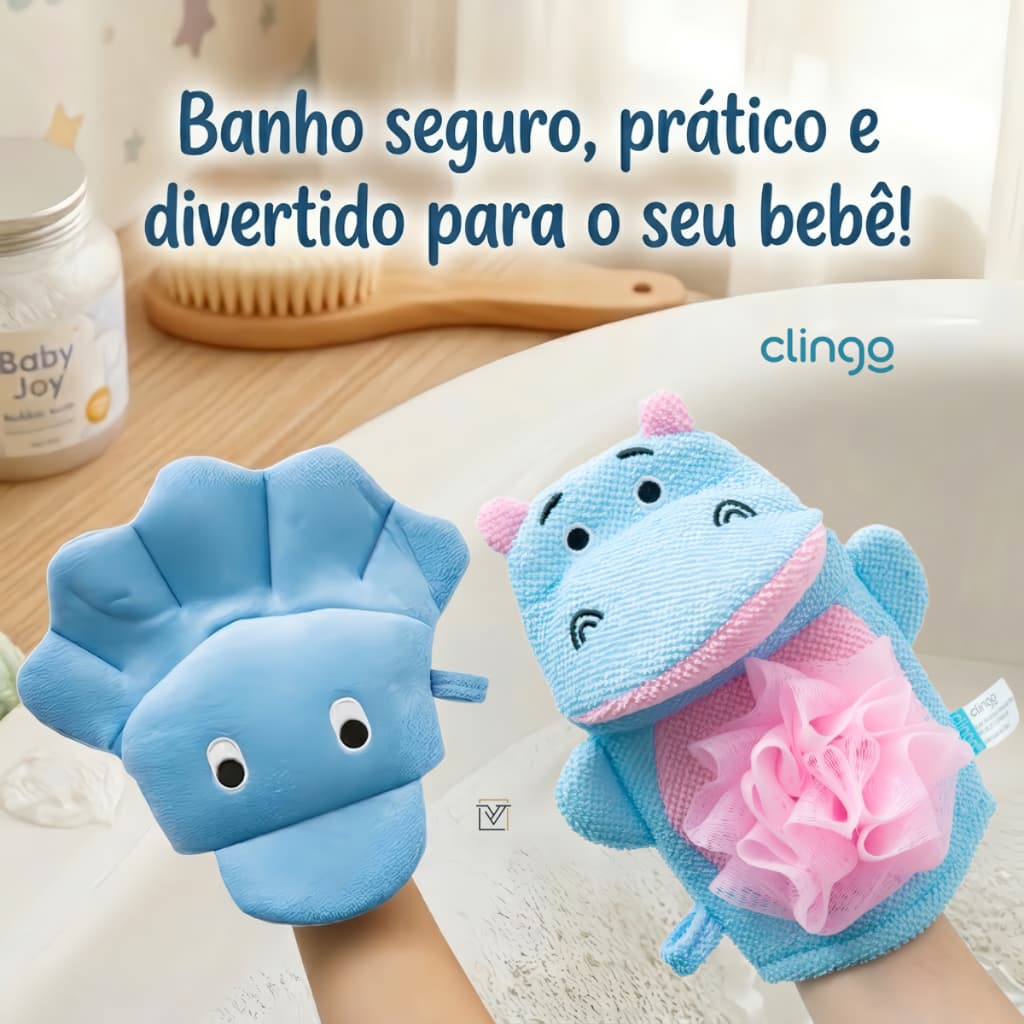 Esponja Banho Bebê Luva Polvo ou Hipopótamo Clingo Macia Antialérgica Infantil 0m+