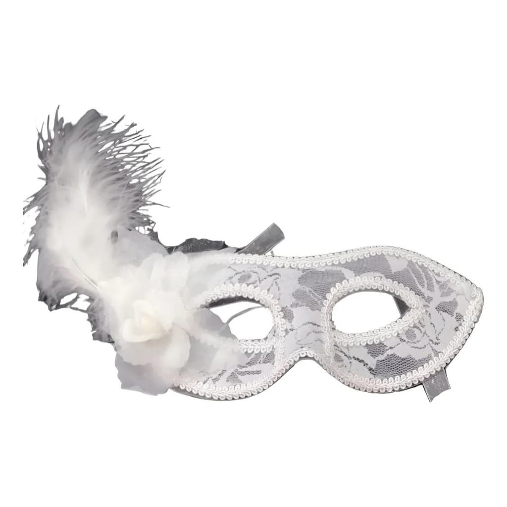 1 Mascara Luxo Noiva Renda C/ Pena Lateral Casamento Fantasias Branca Máscara
