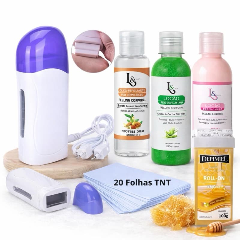 Kit Depilaçao Cera Roll On 100g + Loçao Pós + Gel Esfoliante + Óleo + Folhas + Aquecedor Bivolt