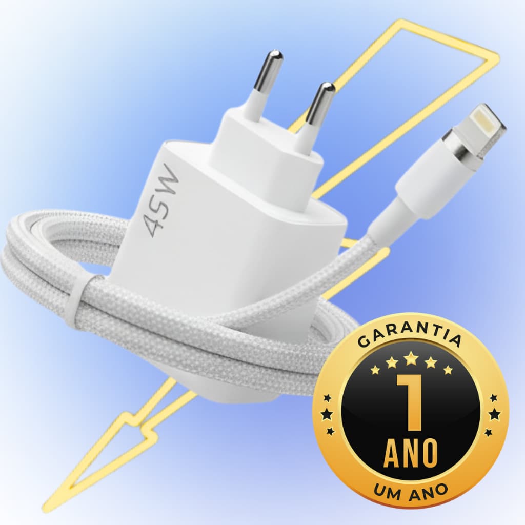 Carregador Turbo 45W USB-C para iPhone Fonte Rápida com Cabo Lightning Original Duplo USB-C Apple