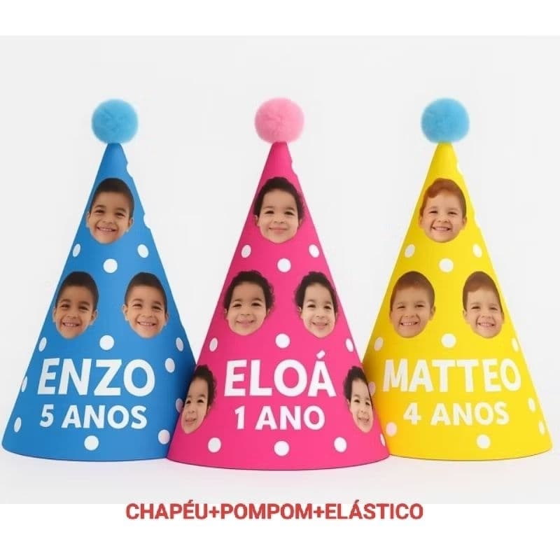🎉 Chapéu de Aniversário Personalizado com Foto rostinho /Chapéu personalizado com tema | Festa Infantil+ pompom+elástico