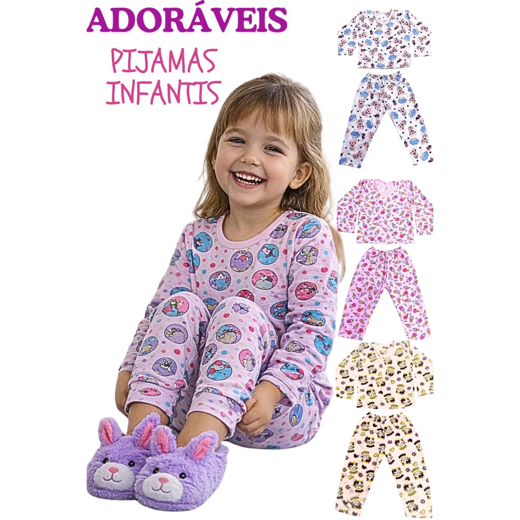 Kit 4 Peças Pijama Infantil Menina Inverno - Sendo 2 Blusas e 2 Calças - ENVIO IMEDIATO