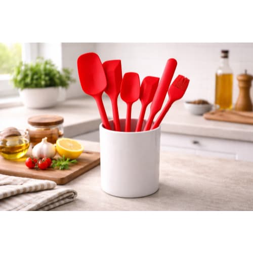 Kit 6 Utensílios Silicone Resistentes ao Calor sem riscar as panelas Preto e Vermelho