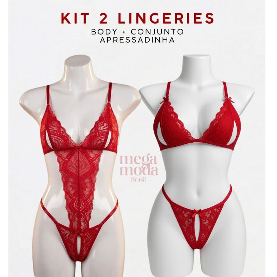 Kit Body e Conjunto Apressadinha de Renda Sexy Sensual Lingerie Feminina Espera Marido Apressado