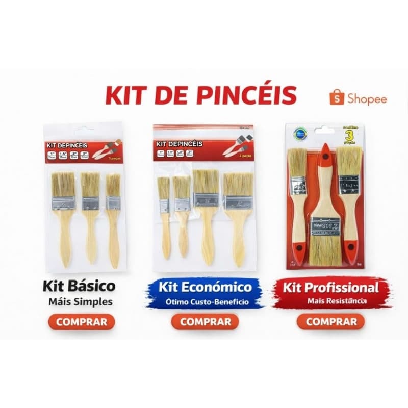 Kit Pincéis Pintura, 3 ou 5 Peças – Multiuso Profissional Madeira Resistente