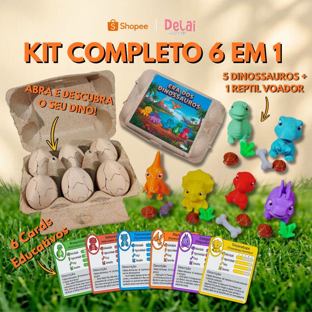 Kit 6 Ovos Surpresa da Era dos Dinossauros + Cards Educativos - Brinquedo Infantil Impressão 3D