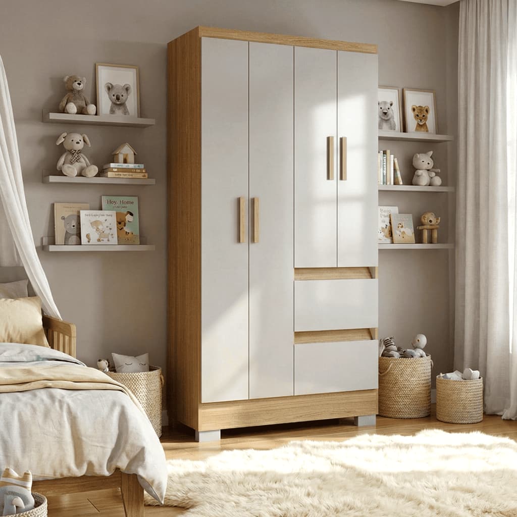 Guarda Roupa Infantil Bianca Poquema 4 Portas Damasco Off-White