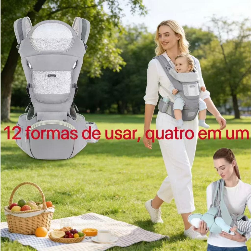 Bolsa Canguru Ergonômico Bebê Mãe Premium 12 Posições 4 Em 1 Cor Cinza- Seleções ao Ar Livre -Essenciais para a mãe sair