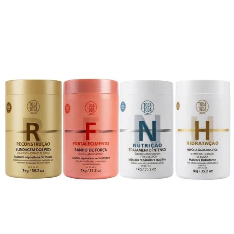 Kit Cronograma 4 Máscaras 1kg Hidratação, Fortalecimento, Nutrição e Reconstrução - Toda Toda