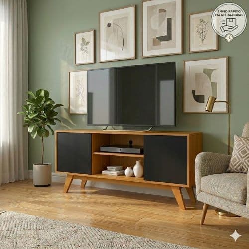 Rack Turim Para TV de até 50 Polegadas Com 2 Portas Pés Madeira Sala Nicho Divisórias