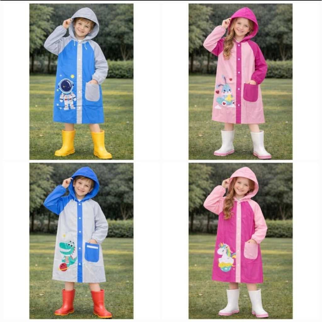 Capa de Chuva Infantil PVC Impermeável com Capuz e Bolso Menino e Menina #CC002E