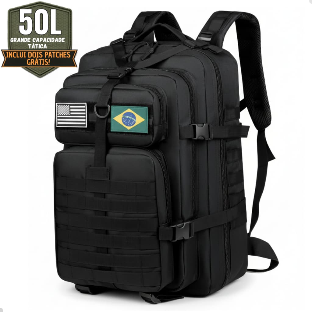 Mochila Militar Tática Impermeável 50 Litros Grande Reforçada com Bandeira do Brasil