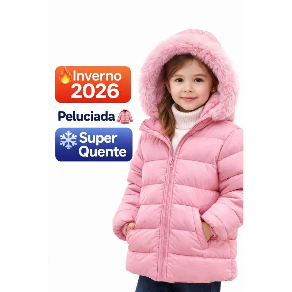 Jaqueta Infantil Feminina Peluciada Inverno Grossa Com Capuz Removível 1 a 16 Anos Quente Promoção