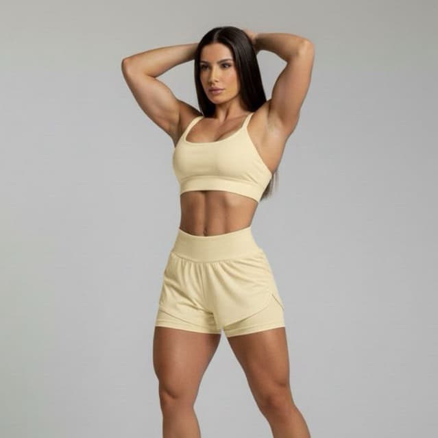 conjunto fitnes  short duplo, short compressão feminino top+short duplo 2 em 1 conjunto de academia