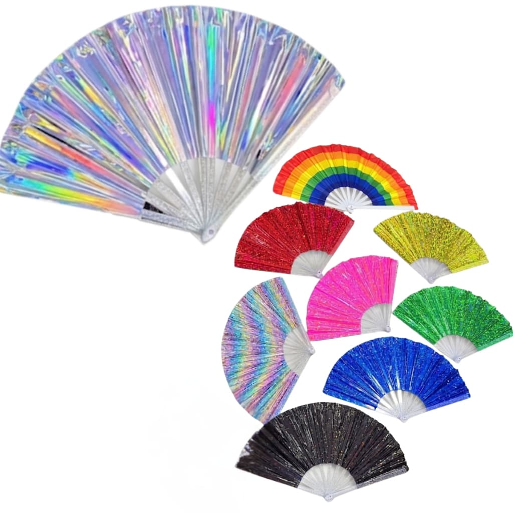 Leque Grande Brilho Holográfico Arco Iris Raves Baladas Festivais Calor Show Carnaval LGBTQIA+ Decoração