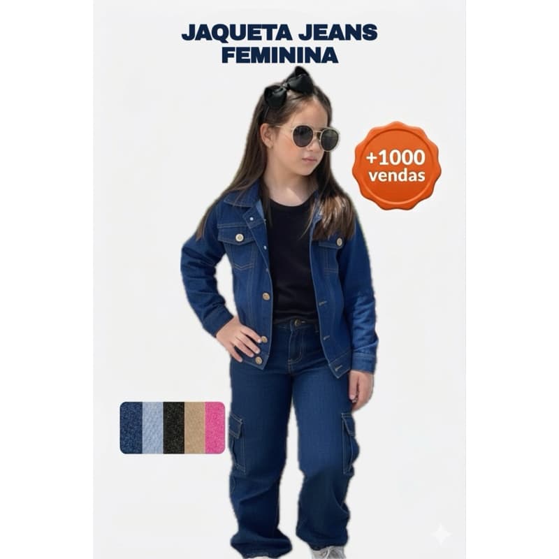 Jaqueta Jeans Infantil Feminina Menina Casaco Jeans Juvenil Azul Claro Escuro Preta Bege Infantil