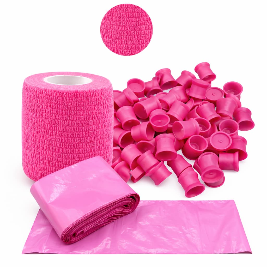 kit tatuagem bandagem + protetor de pen dermógrafo + 100 batoques de silicone rosa