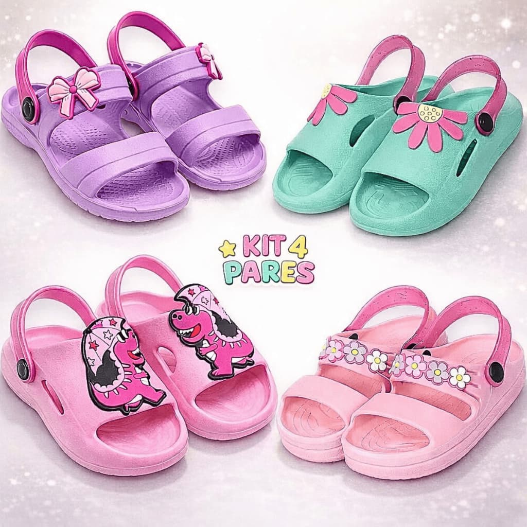 Kit 4 Pares Sandália Papete Menina Infantil Babuche Leve Confortável e Anatômico