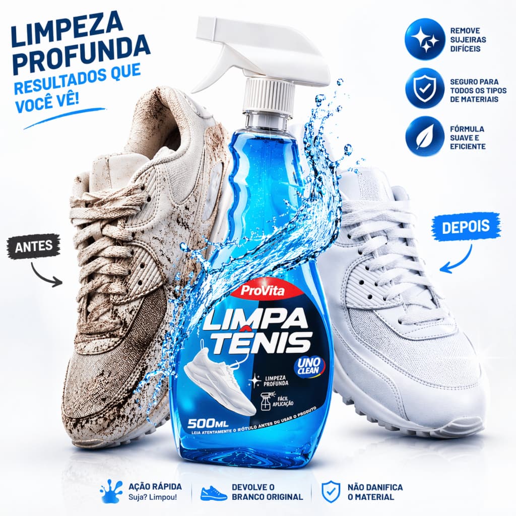 Limpa Tênis Provita Spray Premium 500ml Limpeza À Seco Remove Mancha Sujeira Solado Branco Colorido