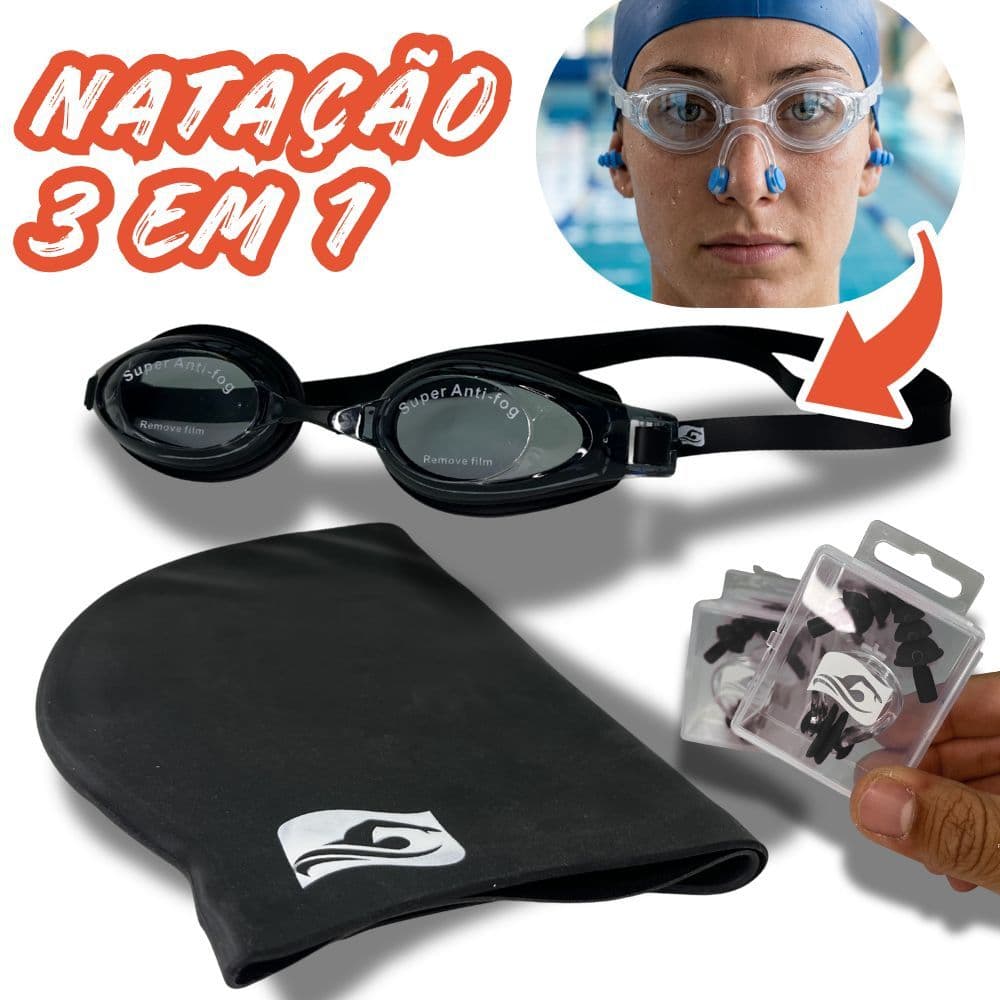 Combo: Óculos + Touca + Clip Nariz e Ouvido Natação Profissional Hidroginastica AntiEmbaçante Estojo Acrílico