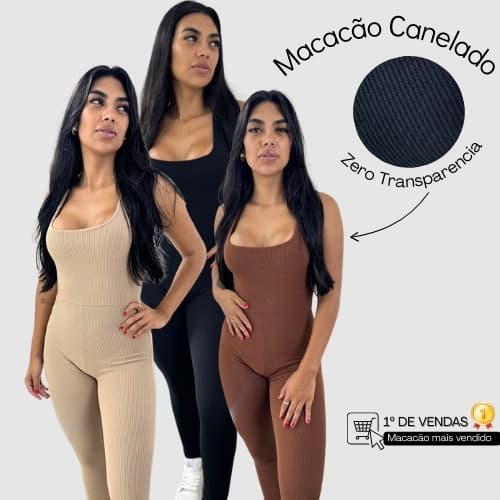 Macacão canelado gringa academia ou Casual dia dia forrado tecido duplo zero transparência