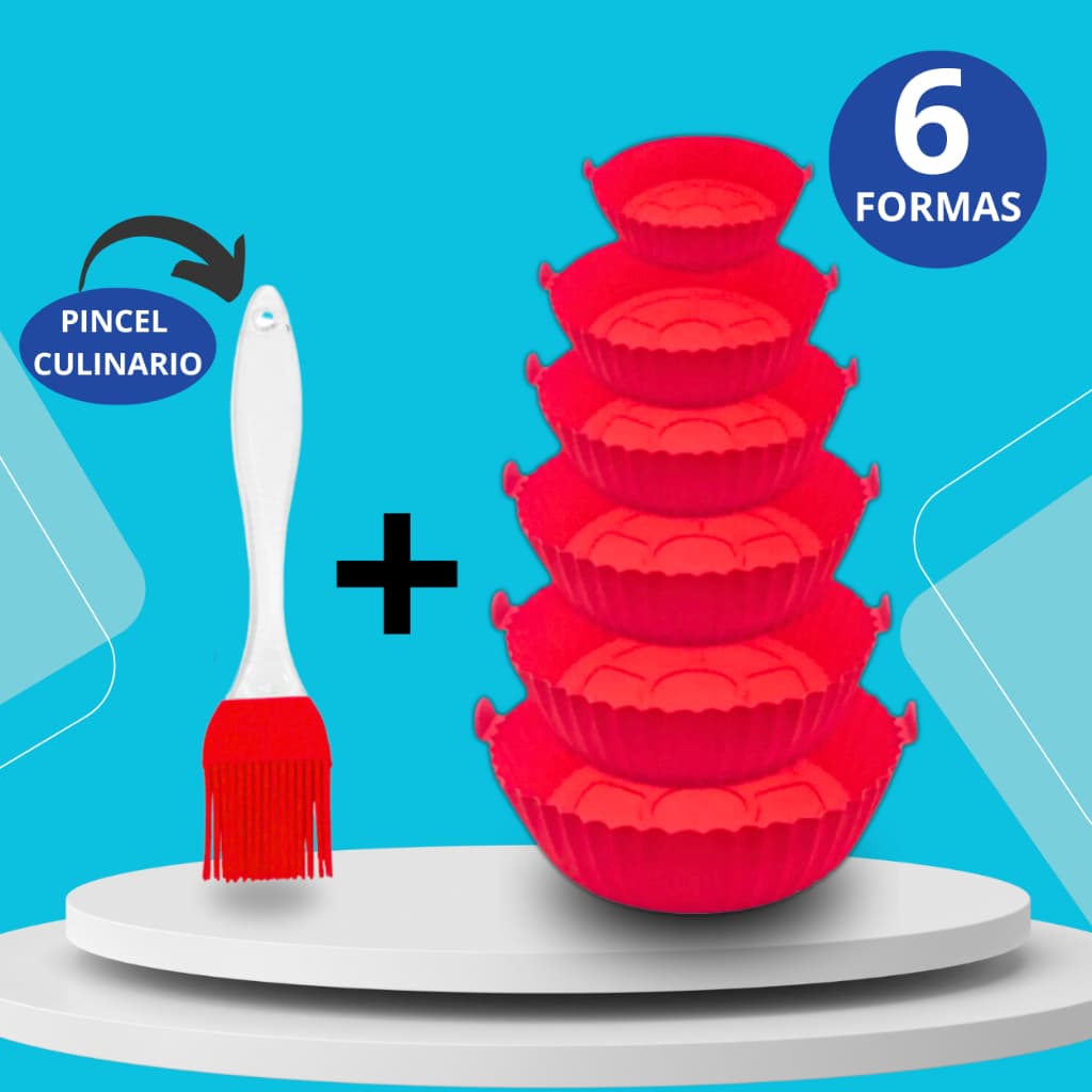 Kit 6 Forma Para Air Fryer Silicone Antiaderente Forno Microondas + Pincel Culinario