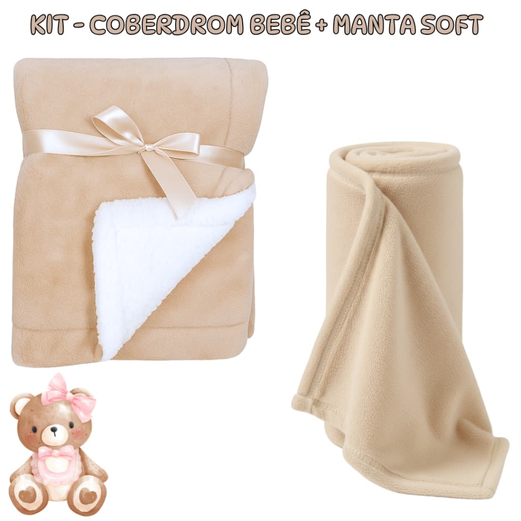 Kit 2 Itens Berço para Bebe - Cobertor Sherpa Dupla Face + Manta Soft - 80x90cm - Antialérgico