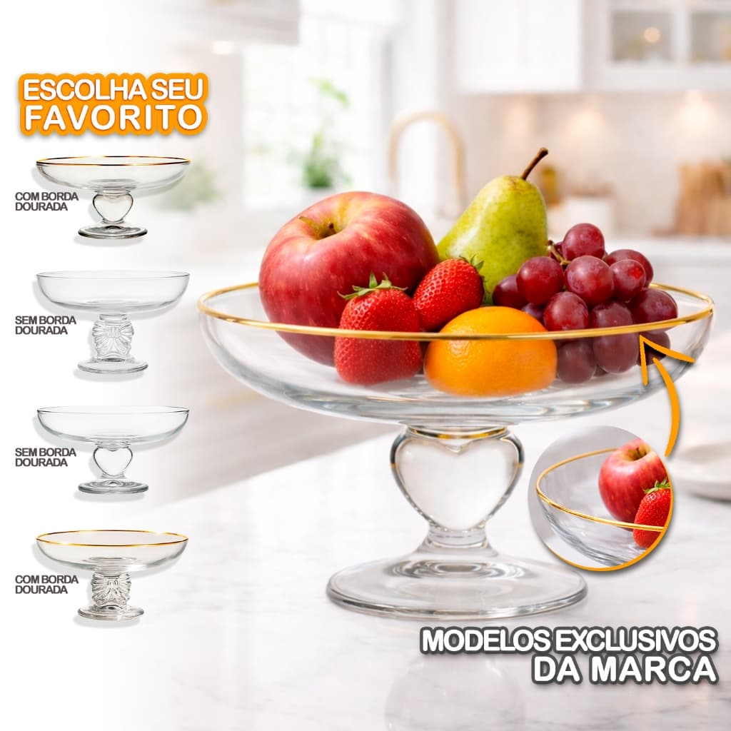 Fruteira Saladeira Centro Mesa Decorativo Vidro Cristalino Pé Ornamental