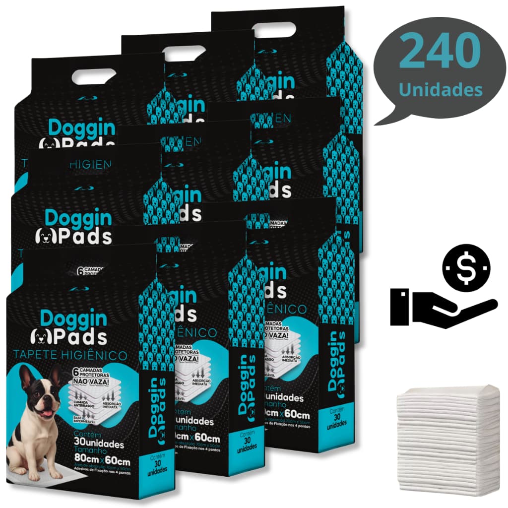 Kit 9 Tapete Higiênico para Cachorro Doggin Pads 80 x 60 cm - 270 Unidades