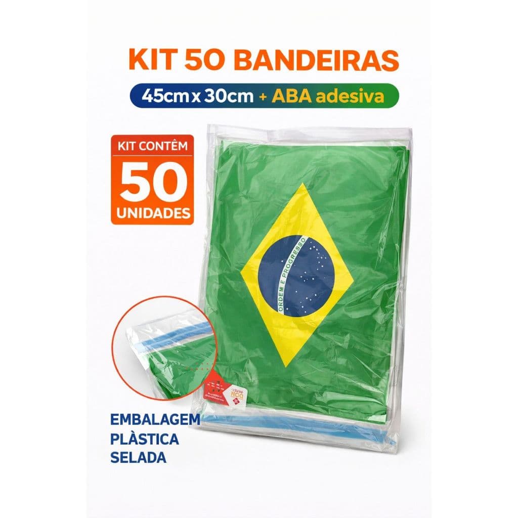 Kit 50 Bandeiras Brasil 45x30cm com Fita Adesiva | Pacote Econômico | Envio Imediato