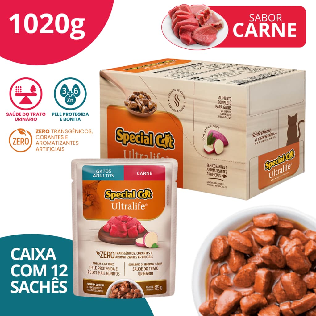 Caixa com 12 Special Cat Ultralife Sachê Adultos Sabor Carne - 85g