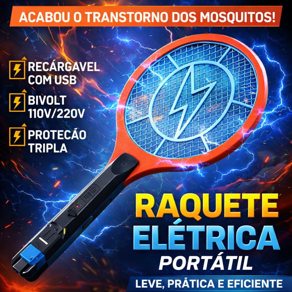 Raquete Elétrica Recarregável Bivolt USB Portátil 110v/220v com Proteção Tripla 1W