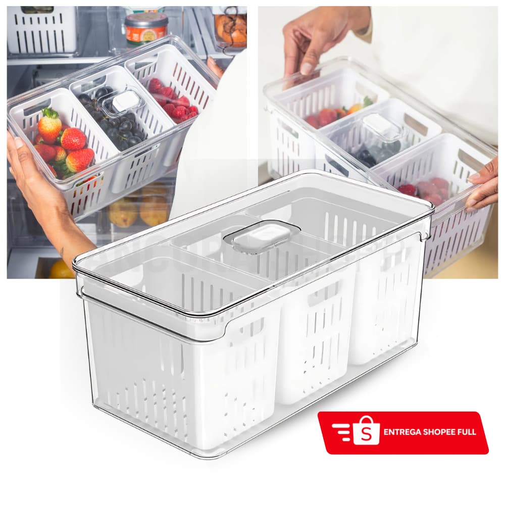 Organizador de Geladeira 5L com 3 Cestos Ou Natural Tampa Porta Frutas Legumes Vegetais Clear Fresh