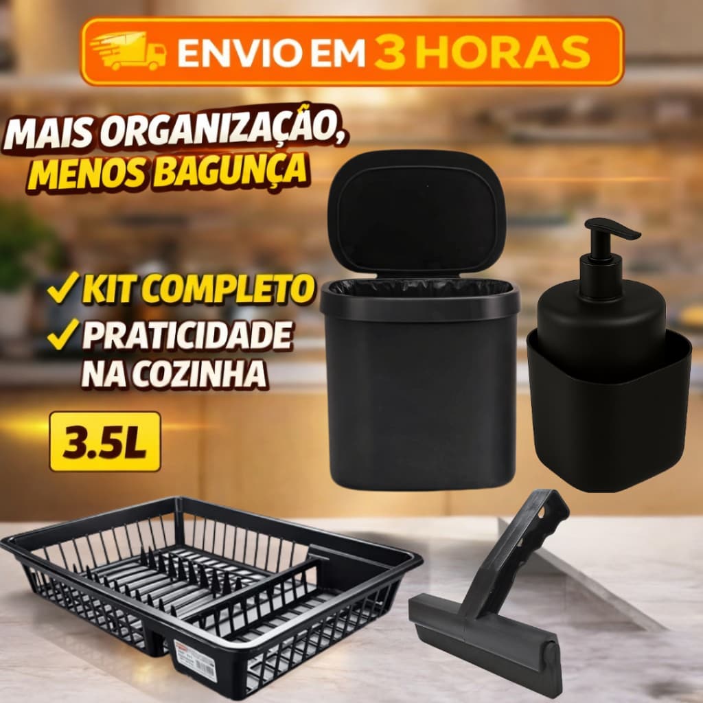 Kit Organização Pia Cozinha Lixeira 3,5 litros Dispenser Detergente e Bucha + Rodinho Preto