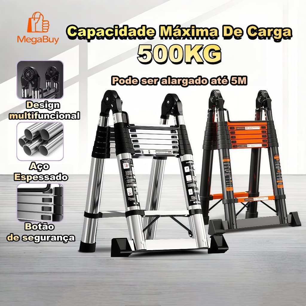 Escada Dobravel Multifuncional 5m Liga de Alumínio Reforçada Portátil