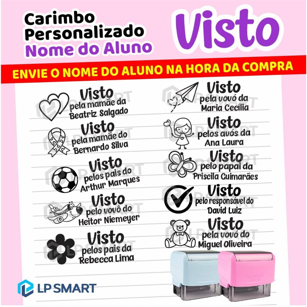 Carimbo Personalizado Automático Visto pela mamãe pais responsável para material escolar caderno trodat azul rosa
