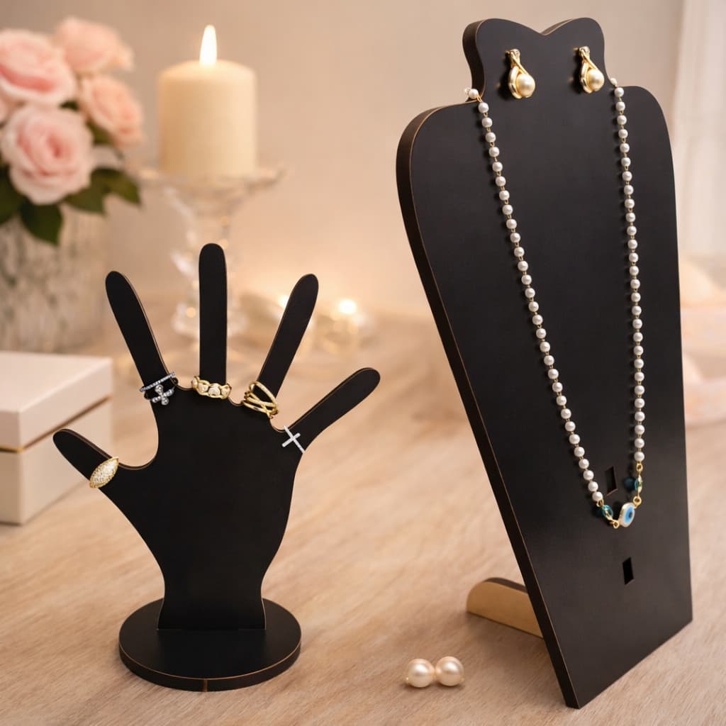 Kit Expositor Porta Colares Anel Bijuterias Jóias MDF Preto Organizador de Mesa e Vitrine