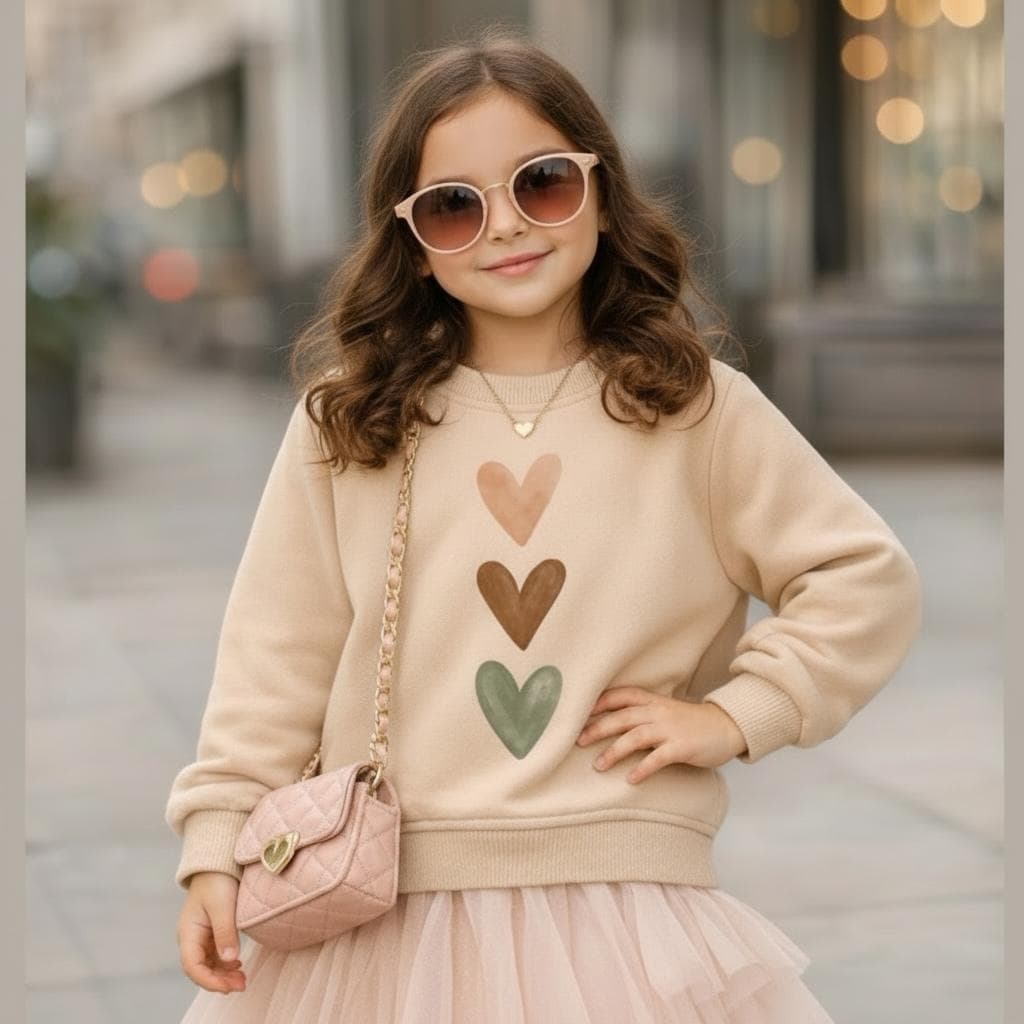 Moletom Infantil Menina Coração Outono/Inverno Bege Flanelado 02 ao 14