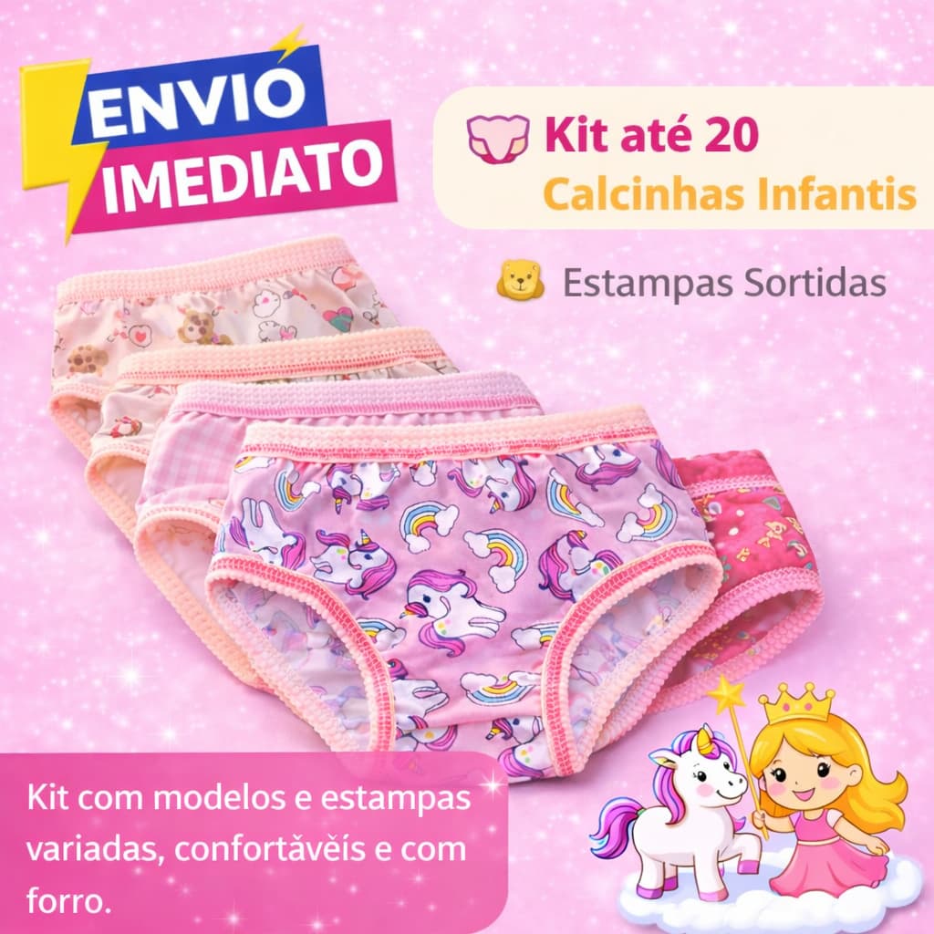 Kit Até 20 Unidades de Calcinha Infantil Menina 1 a 8 Anos Estampas Variadas